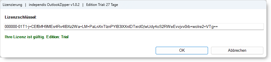 Outlook-Zipper Lizensierung Dialog.