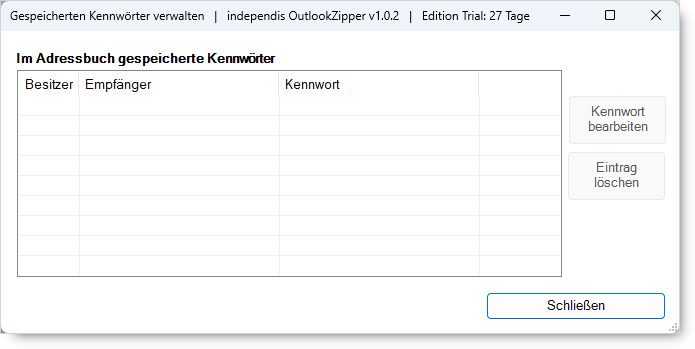 Outlook-Zipper Dialog zum Verwalten der Kennwörter.