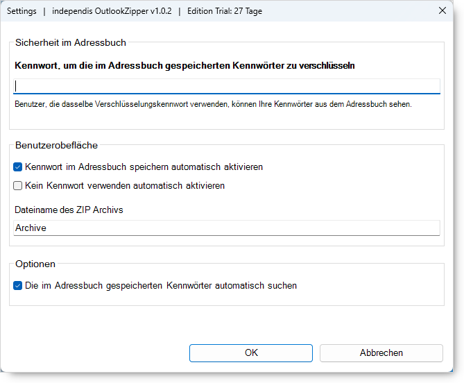 Outlook-Zipper Einstellungen Dialog.